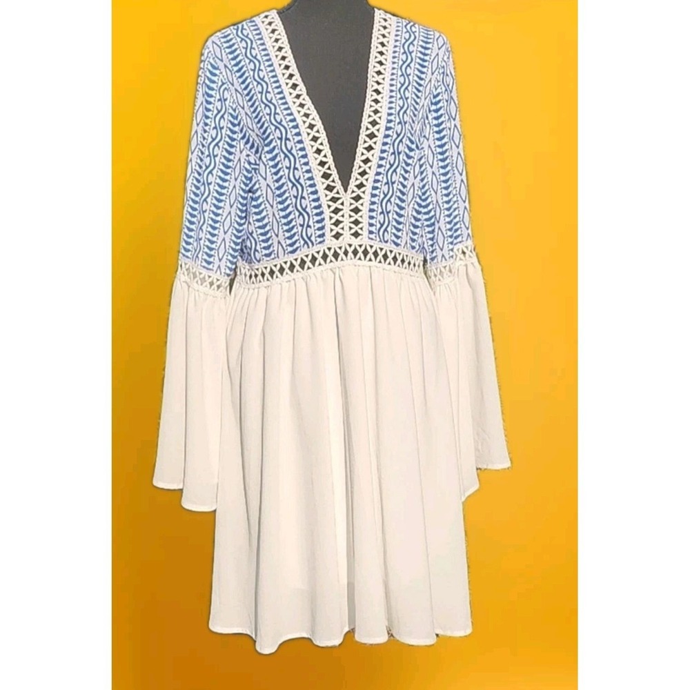 Nautical  Boho Dress Blue White Lace Ethereal Lightweight Flare Sleeves medium